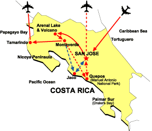 EcoAdventures Costa Rica Volancoes, Cloud Forests & Pacific Beaches Tour Map