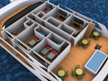 Upper Deck  with Porch, Jacuzzi & 5 Cabins (6th is Captain's Cabin), Mega Catamaran M/C Ocean Spray
