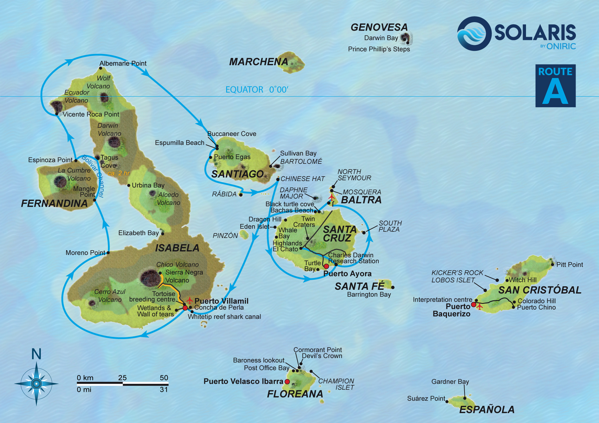 Galapagos Yacht M/Y Solaris Cruise Itinerary A route map