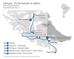 Itinerary map of M/V Ventus Australis 5-Day Cruise: Ushuaia to Punta Arenas