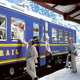 PeruRail's VistaDome Train on the platform before its journey to Machu Picchu.