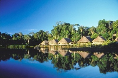 Bungalows dot the edge of the Kapawi Lagoon, Kapawi Ecological Reserve