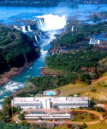 Aerial view of Sheraton International Iguazu Resort, Iguazu Falls, Argentina, with the 'Devil's Throat' at the top of photo.
