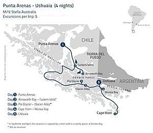 Itinerary map of M/V Stella Australis 5-Day Cruise TUE-SAT: Punta Arenas to Ushuaia