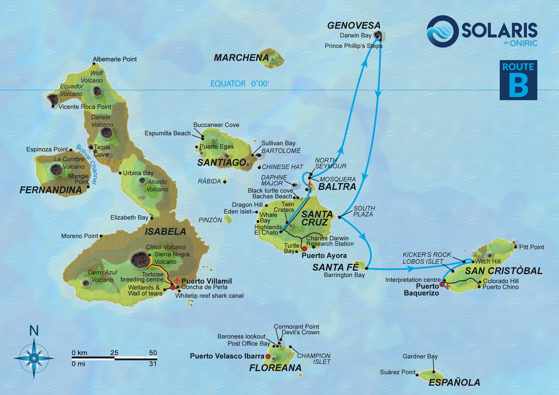 Galapagos Yacht M/Y Solaris Cruise Itinerary B route map