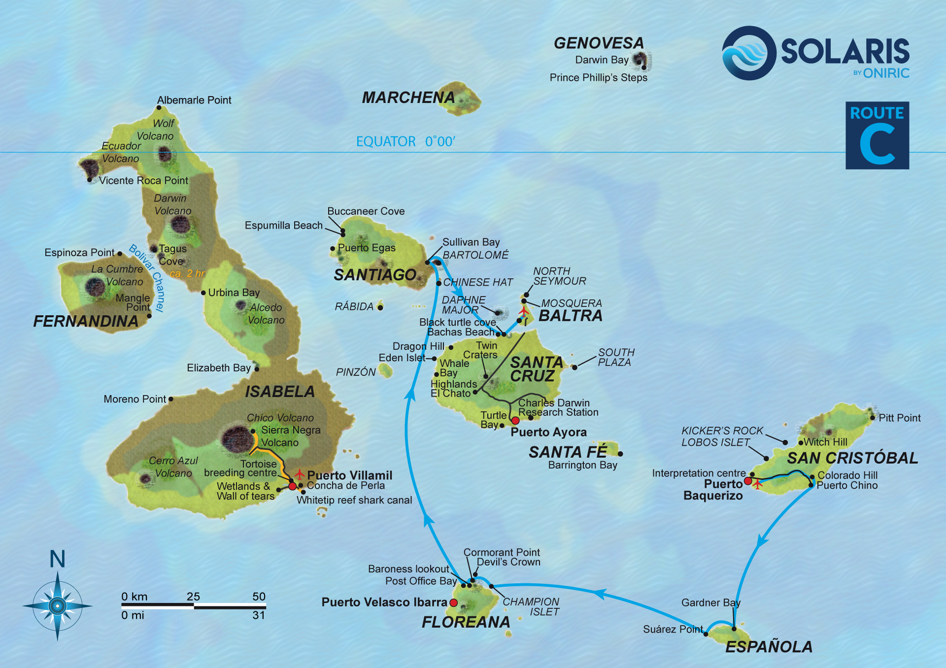 Galapagos Yacht M/Y Solaris Cruise Itinerary C route map