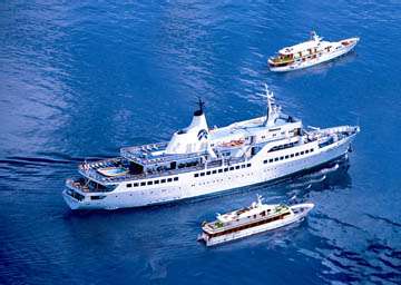 M/V Galapagos Legend Deluxe Expedition ship with M/Y Coral 2 above and M/Y Coral 1 below.