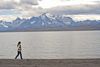 Walk along Lake Sarmiento with Towers of Paine in background, Tierra Patagonia Hotel & Spa, Paine National Park, Chile