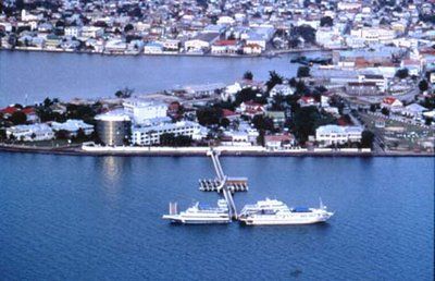 Aerial view of pier and Radisson Fort George Hotel, Belize City, Belize